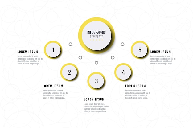 Modelo infográfico horizontal de cinco passos em um fundo branco. Dados empresariais modernos