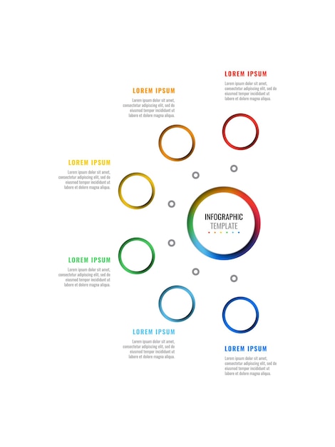 Modelo infográfico vertical com seis elementos multicoloridos redondos em um fundo branco