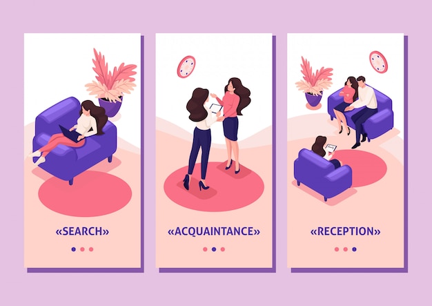 Modelo isométrico app conceito cônjuges na recepção do psicólogo, conflito na família, aplicativos de smartphone