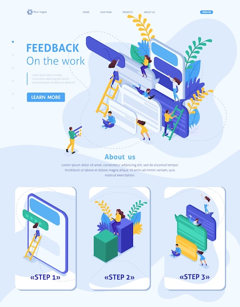 Modelo isométrico de site página de entrada os internautas escrevem comentários sobre serviços