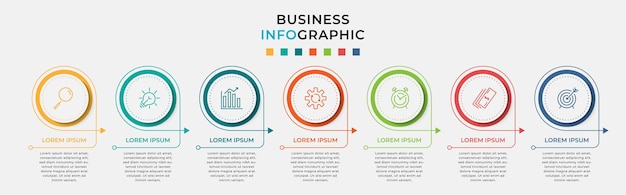 Modelo mínimo de infográficos de negócios. linha do tempo com sete etapas, opções e ícones de marketing