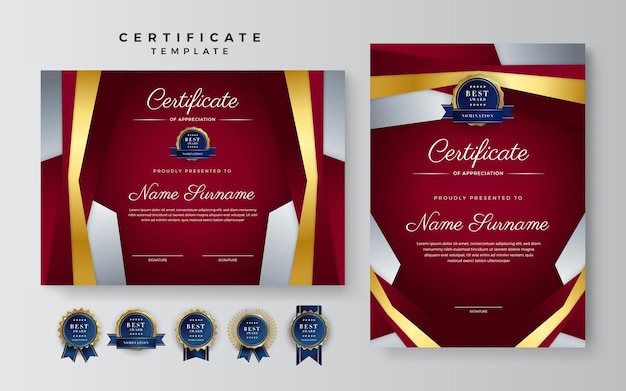 Modelo moderno de certificado de ouro vermelho certificado de modelo de borda de conquista com distintivo de luxo e padrão de linha moderno para necessidades de negócios e educação de prêmios