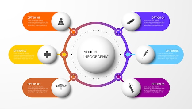 Modelo moderno de infográfico. Projeto de elementos de círculo criativo com ícones de marketing. Conceito médico com 6 opções, etapas, peças.