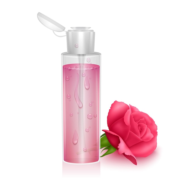 Modelo para embalagem cosmética toner hidratante água micelar com extrato de rosa ilustração realista