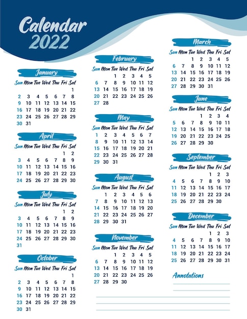 Vetor modelo para impressão do calendário blue brush 2022