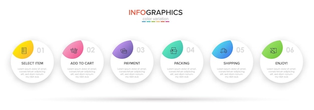 Modelo para infográficos de compras seis opções ou etapas com ícones e texto