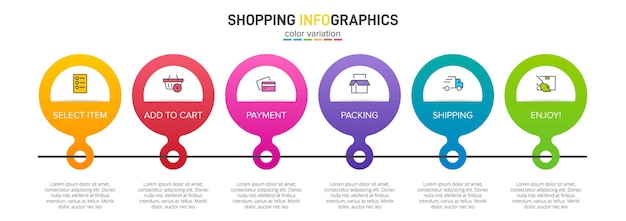 Modelo para infográficos de compras seis opções ou etapas com ícones e texto