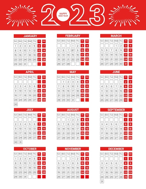 Modelo plano para calendário de ano novo de 2023