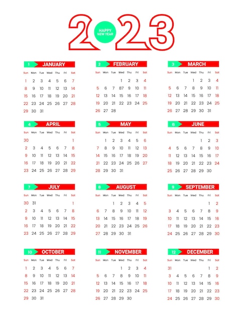 Modelo plano para calendário de ano novo de 2023