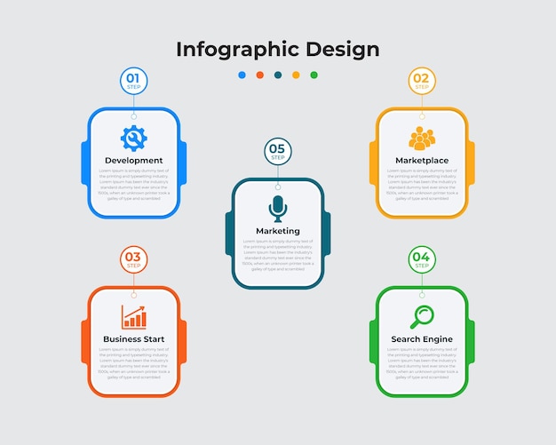 Modelo profissional elegante de design de infográfico de negócios criativos com 5 etapas