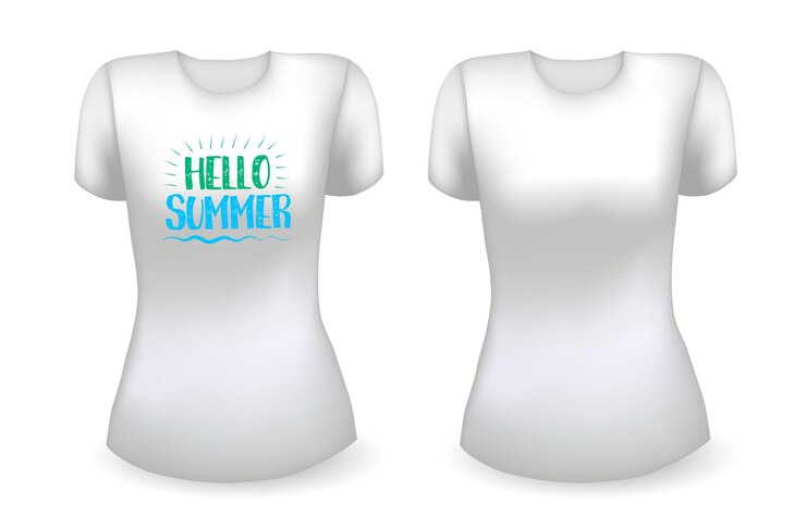 Vetor modelo realista de camiseta feminina branca em branco e camiseta branca com o rótulo olá verão distintivo vetor