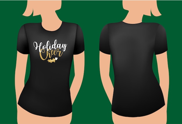Modelo realista de camiseta feminina preta com etiqueta frente e verso, férias, alegria, distintivo natal ...