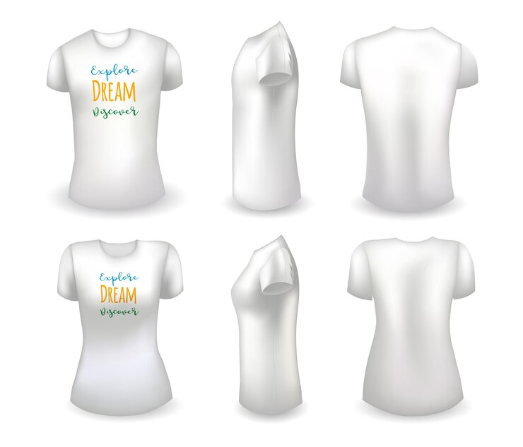 Vetor modelo realista de camiseta masculina e feminina branca em branco e camiseta branca com etiqueta exploram o di ...