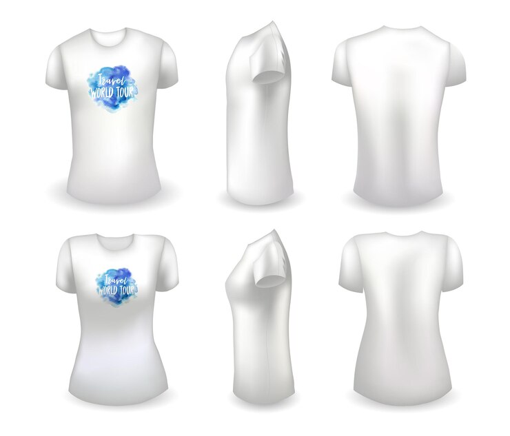 Vetor modelo realista de camiseta masculina e feminina branca em branco e camiseta branca com rótulo de viagens mundo tou ...