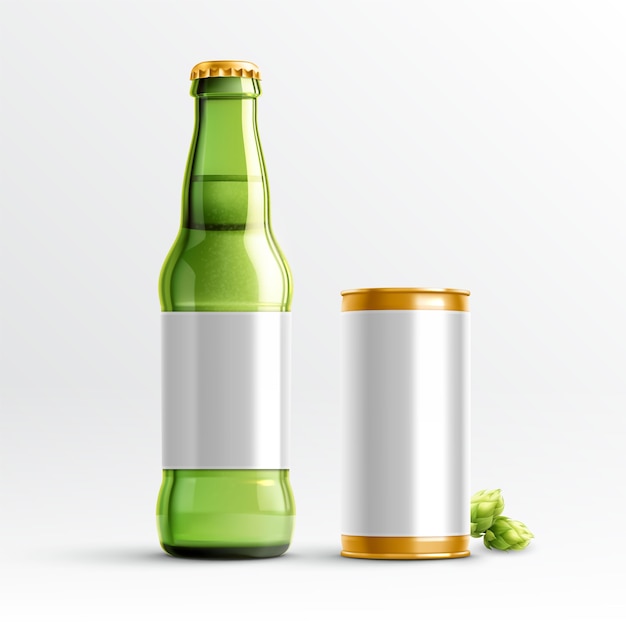 Modelo realista de garrafa e lata de cerveja