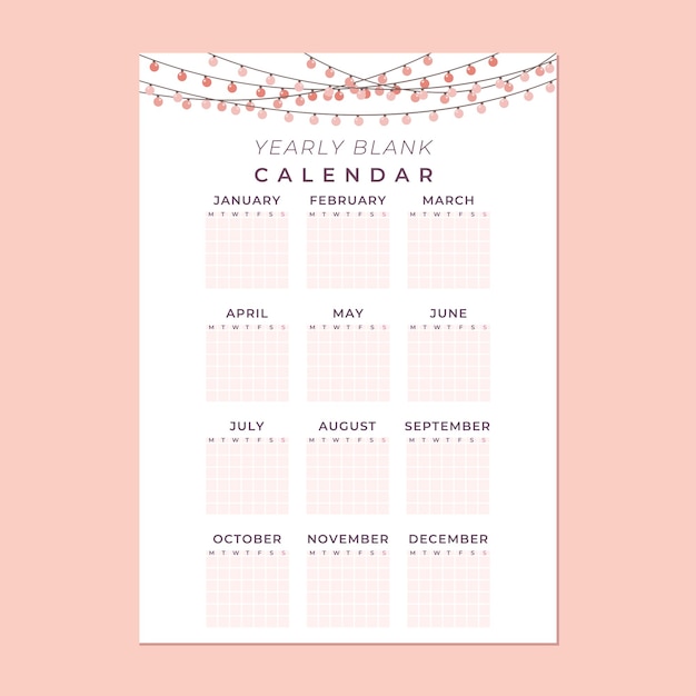 Vetor modelo vertical de calendário em branco fofo, calendário anual com lâmpada de lanterna rosa pêssego e fundo branco