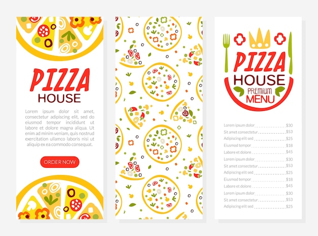 Modelo vertical vetorial de menu de pizzaria ou pizzeria