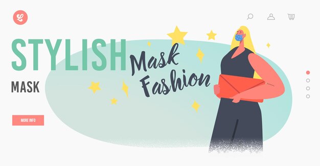 Modelo vestido com modelo de página inicial de máscara protetora elegante. Mulher personagem feminina usa vestido moderno e bolsa apresentando moda máscara durante o surto de Coronavirus. Ilustração em vetor de desenho animado