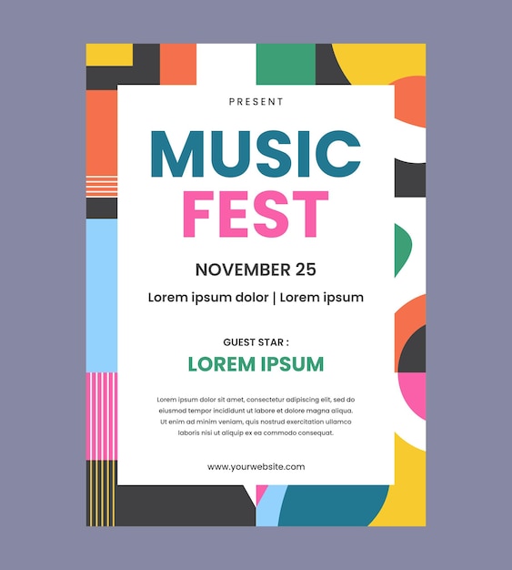 Modelo vetorial de cartaz de festival de música geométrica abstrata e colorida