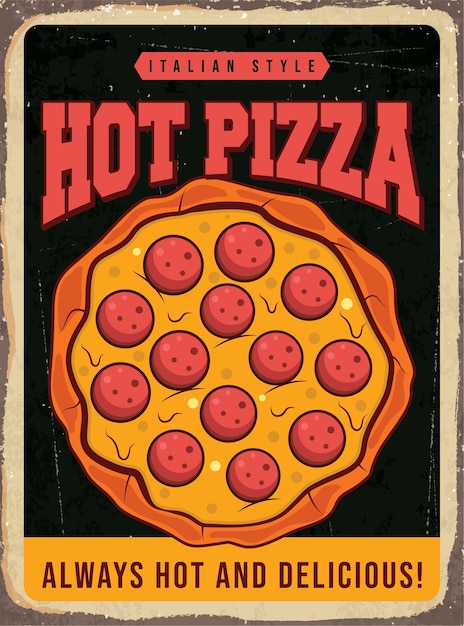 Modelo vetorial de cartaz retro de anúncio promocional de um restaurante de pizza