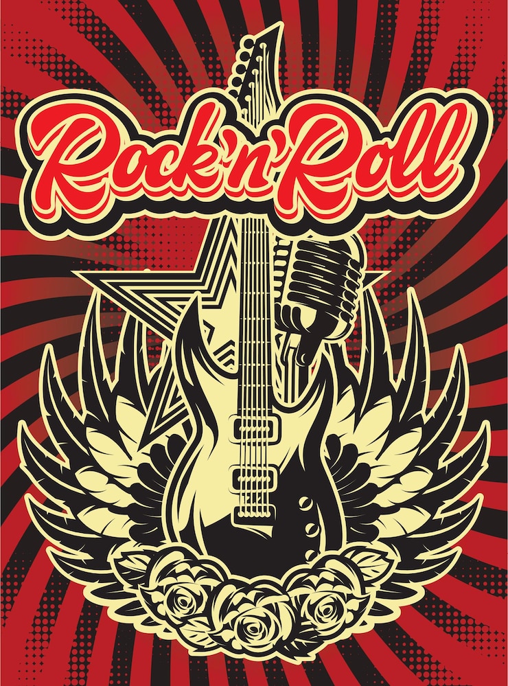 Vetor modelo vetorial elegante para impressão sobre o tema da música rock com uma inscrição caligráfica rock n roll