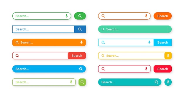 Vetor modelos coloridos de barra de pesquisa motor de navegador de internet com barra de endereço de caixa de pesquisa e campo de texto ui