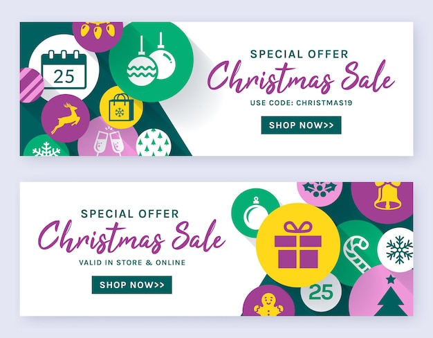 Modelos de banner horizontal de venda de natal para descontos na web e ofertas de compras online