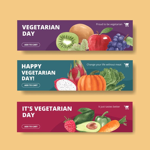 Modelos de banner para o dia mundial do vegetariano em estilo aquarela