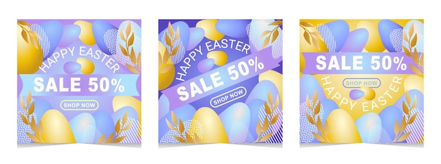 Modelos de banner promocional de venda de páscoa com ovos dourados e violetas