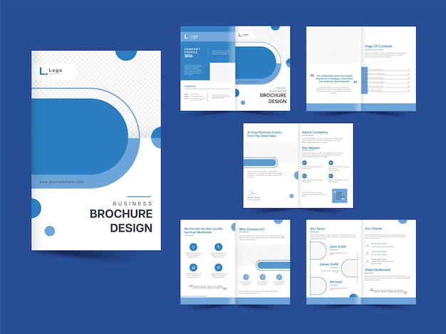Modelos de brochura business bifold com lados duplos nas cores azul e branco