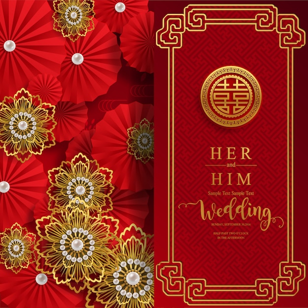 Modelos de cartão de convite de casamento oriental chinês com bonito estampado na cor do papel de fundo.