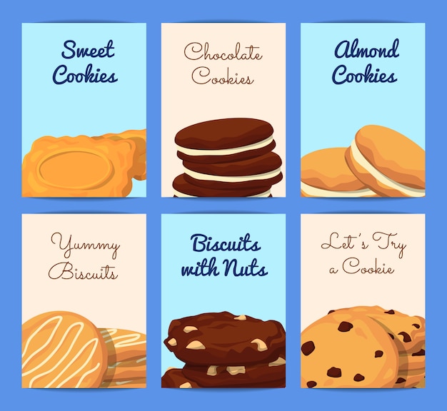 modelos de cartão ou panfleto conjunto com lugar para texto e com ilustração de cookies dos desenhos animados