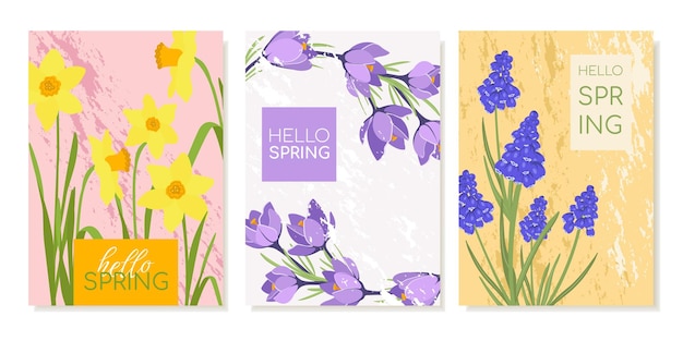 Modelos de cartões postais coloridos de primavera com as primeiras flores Crocus Narcisos Muscari Flores