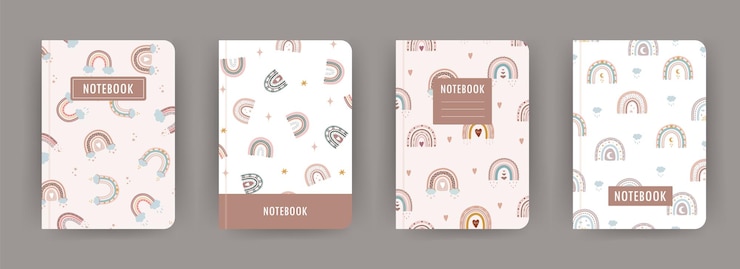 Vetor modelos de coleção de cadernos de capa com lindos arco-íris boho