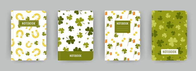 Modelos de coleção de cadernos de capa com trevo verde e elementos do dia de são patrício