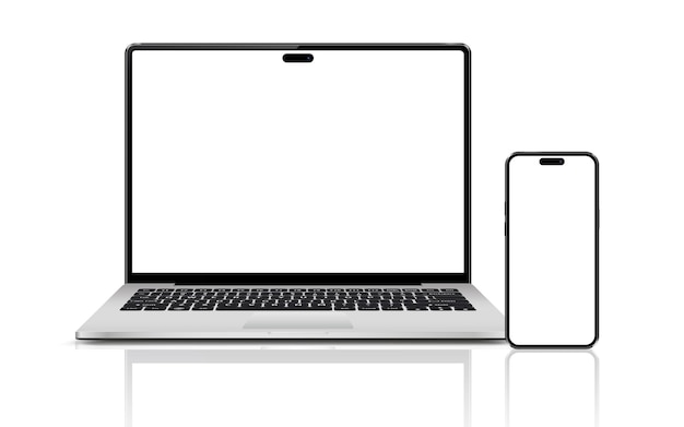 Modelos de computadores portáteis e telefones celulares isolados em fundo branco