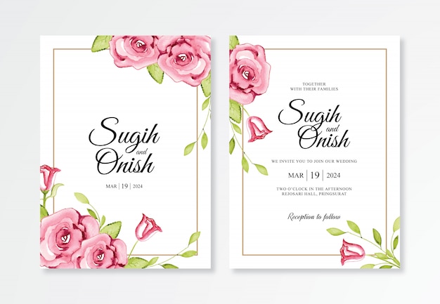 Modelos de convite de casamento com moldura de ouro e flores em aquarela