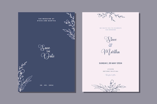 Modelos de convite de casamento minimalista com flores desenhadas à mão e decoração de folhas