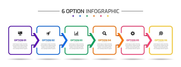 Modelos de design de elemento de infográfico com ícones e 6 opções