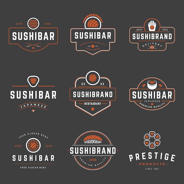 Modelos de design de etiquetas e emblemas de lojas de sushi com logotipos de comida japonesa