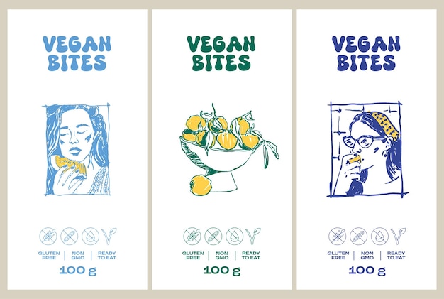 Modelos de design de rótulos de embalagens de alimentos e bebidas desenhados à mão para café ou restaurante