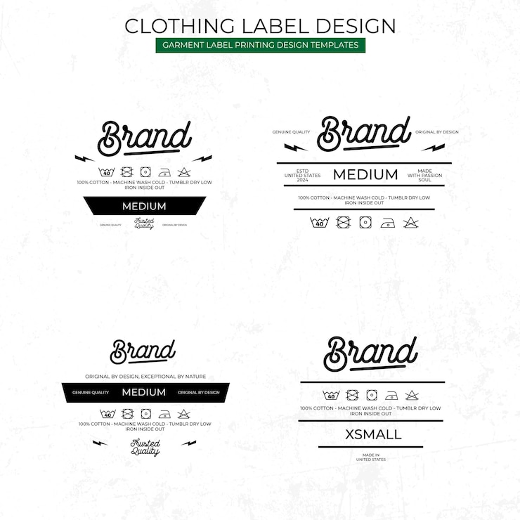 Vetor modelos de design de rótulos de roupas com vários tamanhos e instruções de design