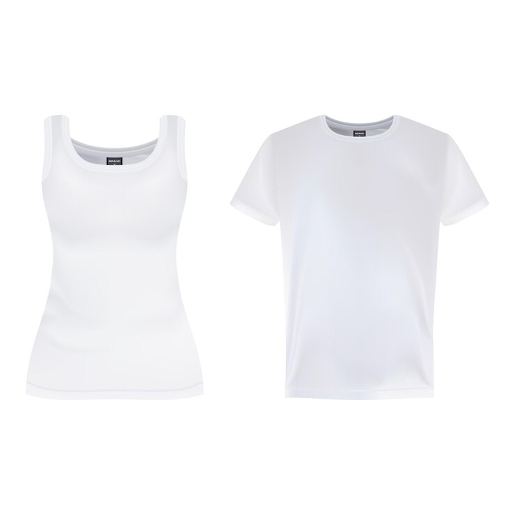 Vetor modelos de design de tshirt de manga curta branca de homens e mulheres isolados em uma ilustração vetorial de fundo branco