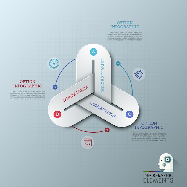 Modelos de design moderno infográfico com três elos da cadeia coloridos conectados juntos, pictogramas de linha fina e caixas de texto.