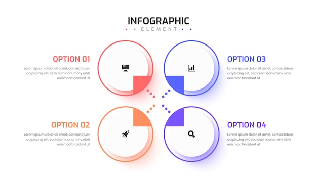 Modelos de elemento infográfico com ícones de rótulo de círculo e 4 opções adequadas para diagrama de processo