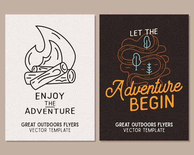 Modelos de folheto de acampamento cartazes de aventura de viagem definidos com arte de linha e emblemas planos e citações creat