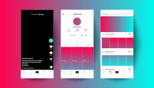 Modelos de layouts de botões da web de aplicativos. interface do usuário da página do aplicativo tiktok