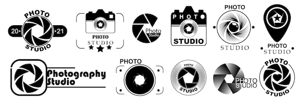 Modelos de logotipo de fotografia, isolados no fundo branco. conjunto de logotipos de fotos. projetos de logotipo de estilo moderno. ilustração vetorial