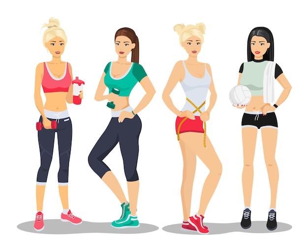 Modelos de meninas de fitness lindo esporte. ilustração plana de jovem mulher ginásio.