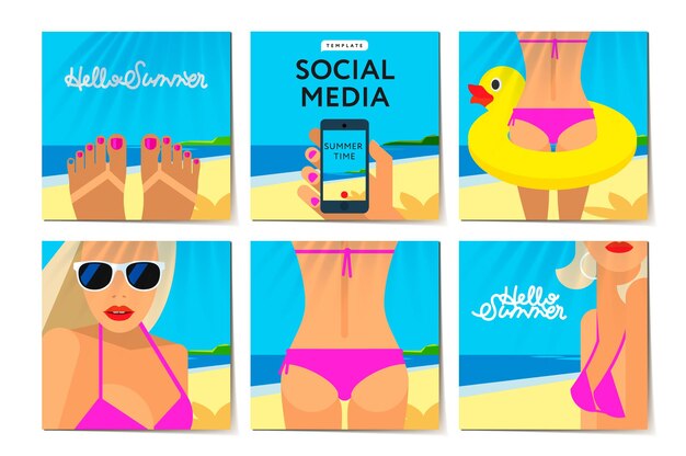 Vetor modelos de mídia social, horário de verão, férias e férias na praia banner moderno de promoção da web para aplicativos móveis de mídia social